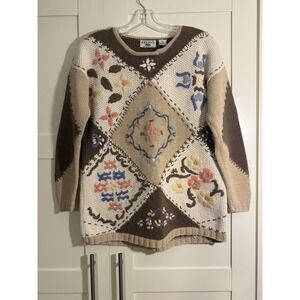 Paul Harris Design Hand Knitted‎ Sweater Size Small Patchwork Floral Embroidery